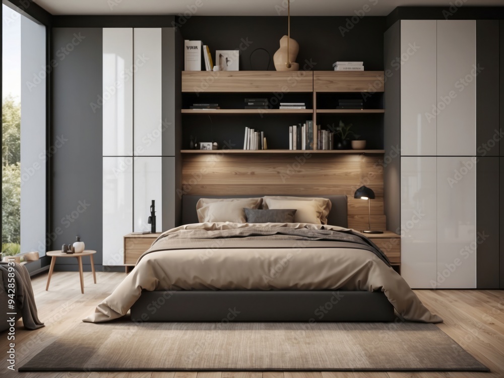 Modern Bedroom with Built-in Shelving and Large Windows Modern Bedroom with Built-in Shelving and Large Windows