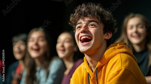 A group of people are sitting together and smiling