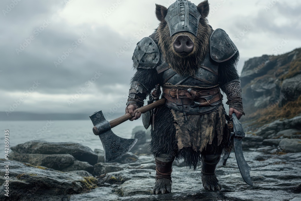 Naklejka premium Viking Boar: A boar in Viking armor with a helmet and axe, standing on a rocky shore