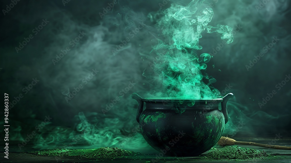 Bubbling cauldron with green smoke swirling in the air, creating a magical and mysterious scene, with space above for Halloween text bubbling cauldron, green smoke, magical scene