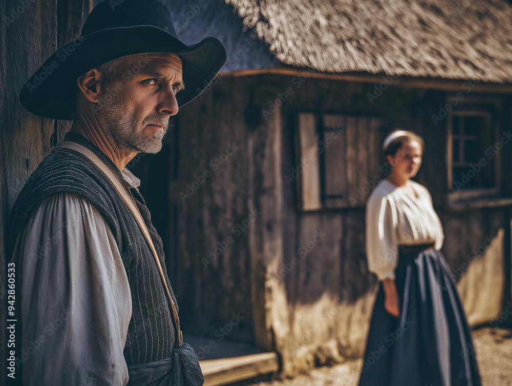 Naklejka premium Stern man in a hat standing near a wooden house with a woman in the background, historical setting, moody rural scene