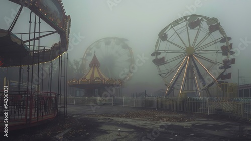 Abandoned carnival with rusted rides and fog, creating a spooky atmosphere with ample space for Halloween text abandoned carnival, rusted rides, foggy atmosphere