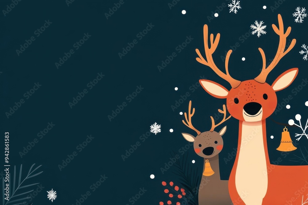 Christmas reindeer with jingle bells, snowflakes in the air, flat design illustration Christmas reindeer with jingle bells, snowflakes in the air, flat design illustration