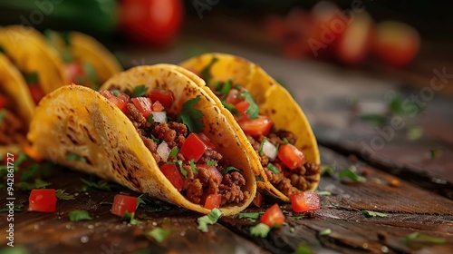 three tacos with meat, tomatoes and cilantro on a wooden table photo