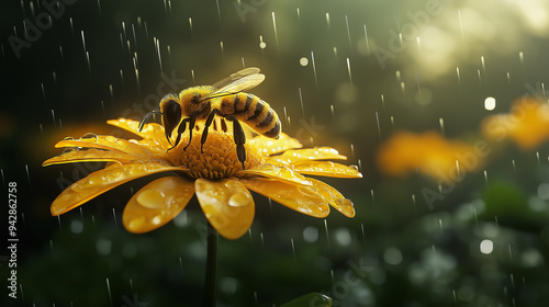 A yellow flower is in the rain with a bee on it. The scene is peaceful and calming photo