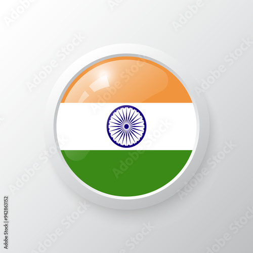 3D Button with India flag. as round glossy icon on background isolated. Vector illustration eps 10.	
