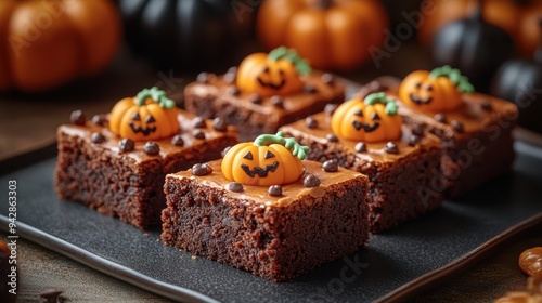 Chocolate brownies topped with festive pumpkin decorations, ideal for Halloween celebrations. photo