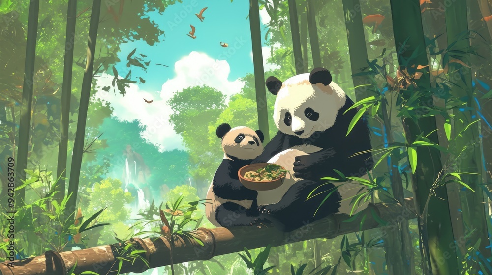 Obraz premium A mother panda and her cub are sitting on a branch in a bamboo forest, both holding bowls of food.