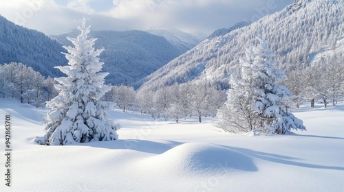 Heavy snowfall blanketing a mountain landscape, winter weather, cold and serene