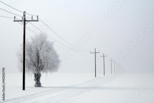 Ice storm covering trees and power lines with a layer of ice, freezing weather, dangerous beauty photo