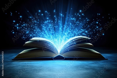 Open book emitting a waterfall of light, cascading into an infinite void, 3D illustration