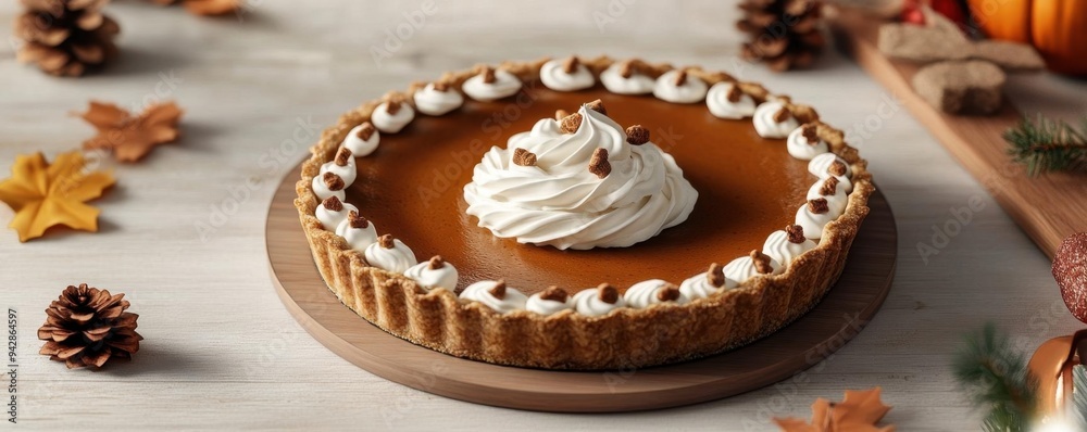Pumpkin pie with whipped cream, set on a holiday-themed table, 3D illustration Pumpkin pie with whipped cream, set on a holiday-themed table, 3D illustration