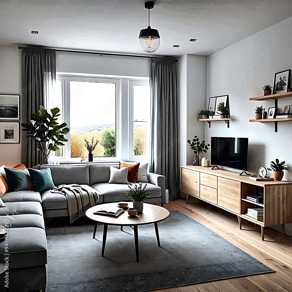 Fototapeta premium Modern Living Room Interior Design with Grey Sofa Wooden Cabinet and Grey Rug