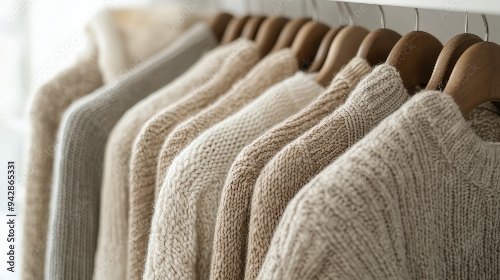 Soft, natural-toned sustainable knitwear is neatly arranged on a rack in a boutique, showcasing various textures and styles, inviting shoppers to explore