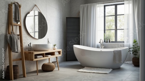 Modern Bathroom Interior with Freestanding Tub and Natural Elements