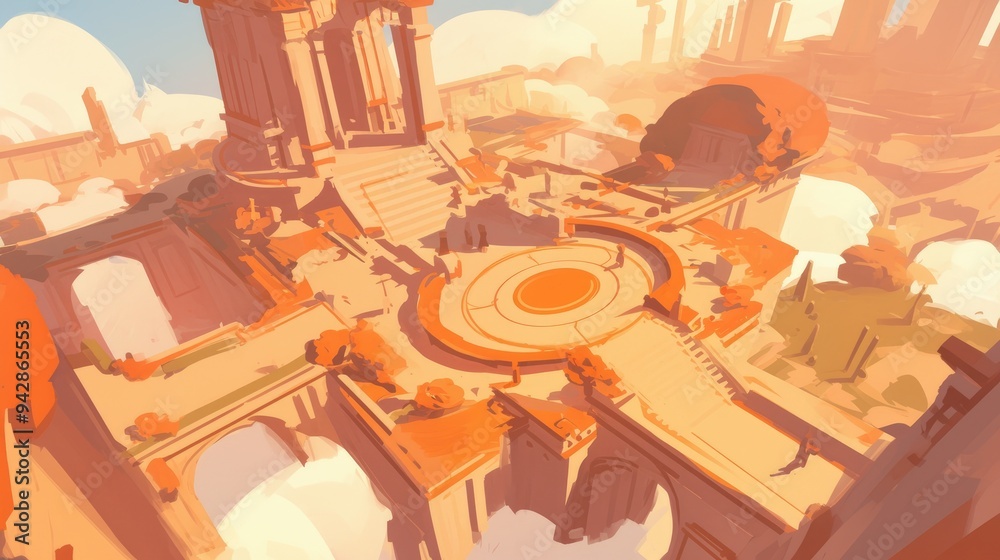 Atop an orange stone structure in the clouds, a circular pathway and a stairway lead to a temple in the sky. Atop an orange stone structure in the clouds, a circular pathway and a stairway lead to a temple in the sky.