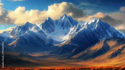 Majestic Snow-Capped Mountain Range with Autumnal Foothills photo