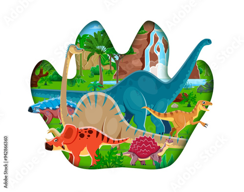 Prehistoric dinosaurs in paper cut dino footprint with Jurassic era lizards and reptiles, cartoon vector. Funny dinosaurs and giant lizards in Jurassic jungle forest for kids prehistoric dino book