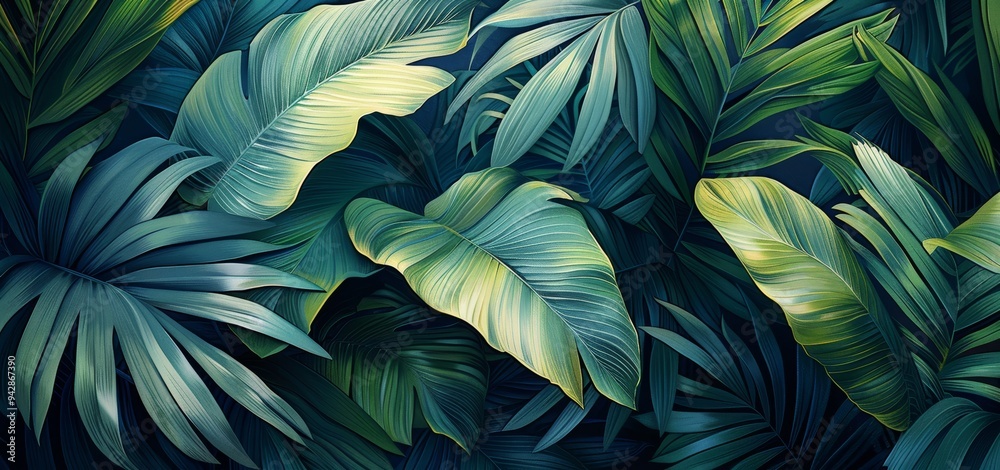 Lush tropical leaves with rich green and blue tones, overlapping in a dense and vibrant jungle-like arrangement, capturing the essence of exotic nature and botanical beauty in high detail Lush tropical leaves with rich green and blue tones, overlapping in a dense and vibrant jungle-like arrangement, capturing the essence of exotic nature and botanical beauty in high detail