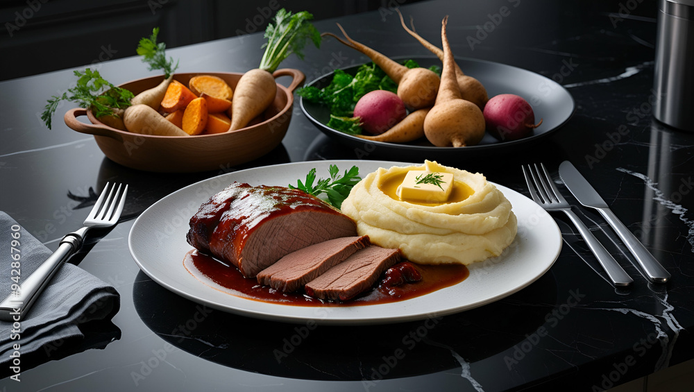 A plate of meat with a side of mashed potatoes and vegetables A plate of meat with a side of mashed potatoes and vegetables