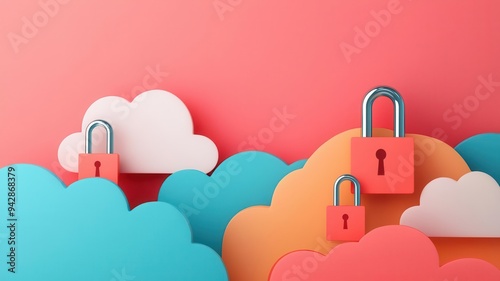 Cloud security system with multiple locks and data barriers, emphasizing data protection, Cloud Security, Data Safeguarding