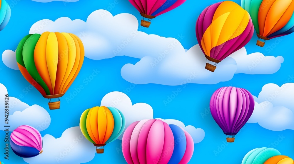 A colorful hot air balloon scene with many balloons flying in the sky. The balloons are of different colors and sizes, and they are scattered all over the sky. Concept of freedom and joy A colorful hot air balloon scene with many balloons flying in the sky. The balloons are of different colors and sizes, and they are scattered all over the sky. Concept of freedom and joy