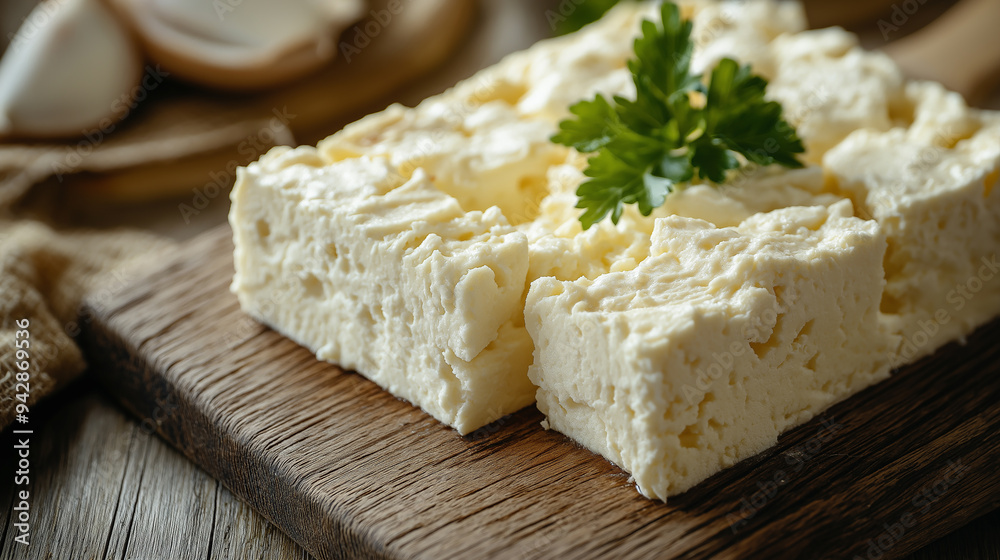 A piece of cheese with parsley on top. The cheese is cut into small squares and is sitting on a wooden cutting board A piece of cheese with parsley on top. The cheese is cut into small squares and is sitting on a wooden cutting board