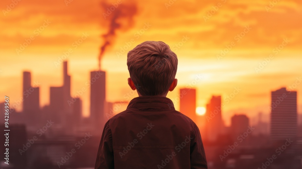 A young boy gazes at a sunset over a city skyline, reflecting on the beauty and challenges of urban life. A young boy gazes at a sunset over a city skyline, reflecting on the beauty and challenges of urban life.