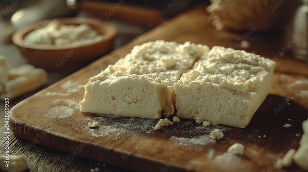 A piece of cheese with parsley on top. The cheese is cut into small squares and is sitting on a wooden cutting board A piece of cheese with parsley on top. The cheese is cut into small squares and is sitting on a wooden cutting board