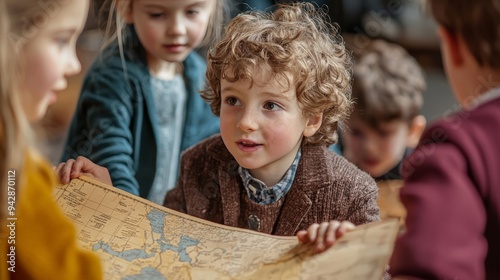 A child pretending to be a history teacher, showing a map and discussing historical events with other children photo