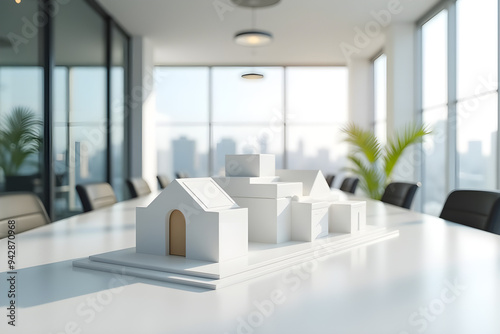 a realistic model of a business city center on a white table of a huge business office
