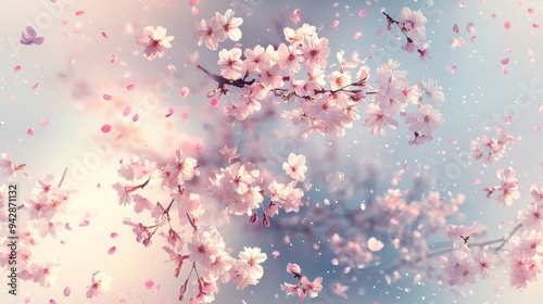 seamless pattern, A beautiful display of cherry blossom petals drifting through the air against a soft pastel backdrop, evoking feelings of tranquility.