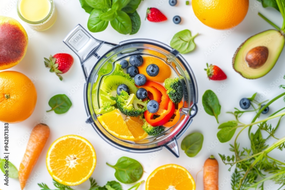 Colorful fruits and vegetables are arranged around a blender filled with healthy ingredients. This image promotes wellness and fresh eating. Generative AI Colorful fruits and vegetables are arranged around a blender filled with healthy ingredients. This image promotes wellness and fresh eating. Generative AI