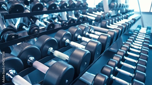 Sports dumbbells in modern sports club. Weight Training Equipment 