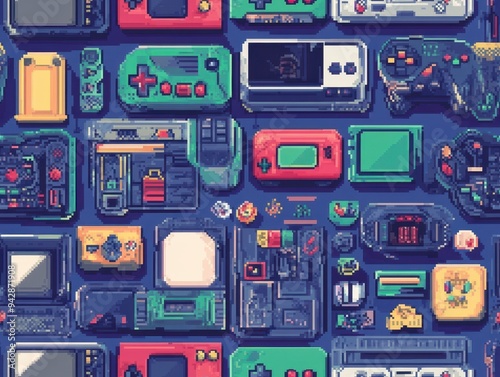 seamless pattern, A vibrant collection of retro gaming controllers, showcasing a nostalgic array of colors and designs for game enthusiasts. photo