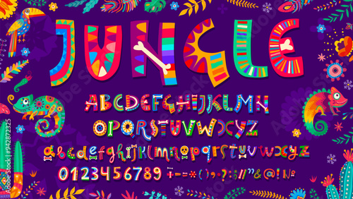 Mexican cartoon font with colorful Hispanic typeface of flowers and tropical animals, vector English letters. Day of Dead or Dia De Los Muertos Mexican font with calavera skulls and bones for ABC type