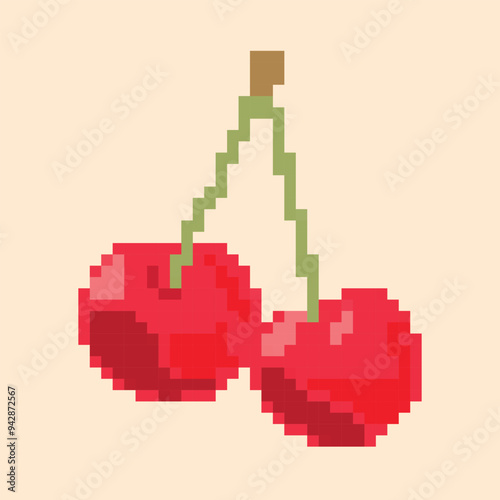 Pixel illustration depicting a light red cherry with branches on a light beige background. The cherries come in a retro blocky style, making this piece perfect for a variety of creative projects.