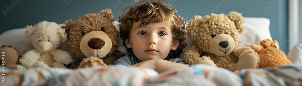 Sick Child Resting in Bed Surrounded by Soft Toys for Comfort and Recovery Sick Child Resting in Bed Surrounded by Soft Toys for Comfort and Recovery