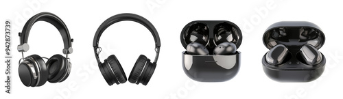 Set of black wireless headphones and earbuds with charging cases

