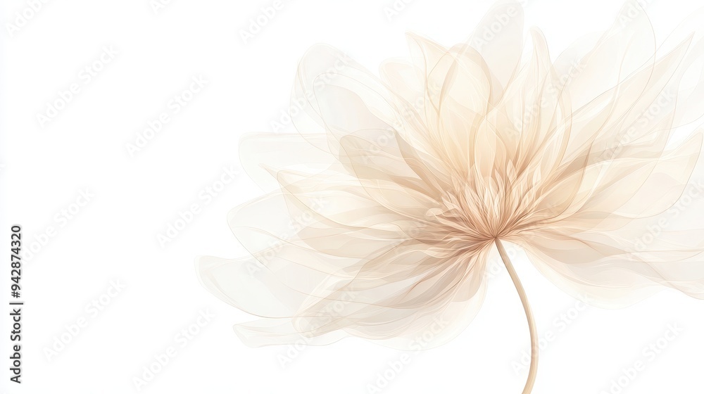 Fototapeta premium A flower with a stem is shown in a white background. The flower is very large and has a lot of detail. The image has a serene and peaceful mood, as the flower is the main focus