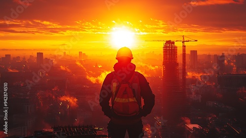 A construction site framed by the rising sun, with a worker’s silhouette standing prominently in the foreground  photo