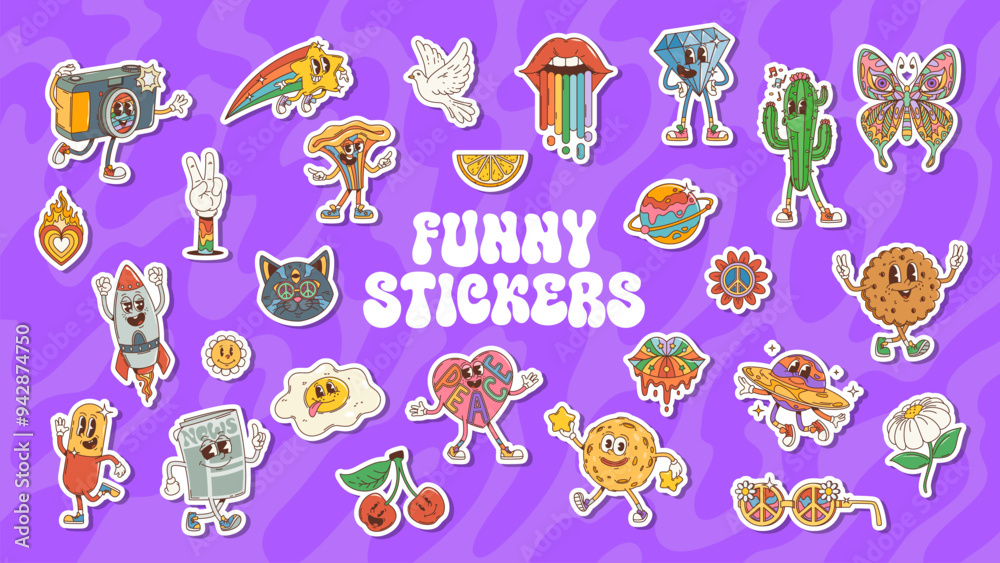 Fototapeta premium Retro funny groovy stickers. Vector set of cartoon quirky characters and psychedelic objects. Camera, pizza, peace sign, and rocket, cactus, butterfly, rainbow and star. Dove flaming heart and cat