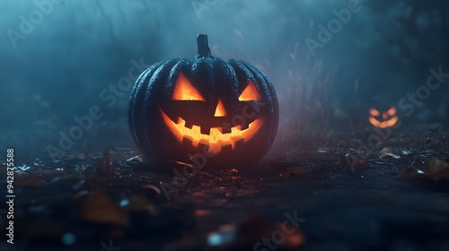 Creatively carved pumpkin with a spooky face glowing on a foggy night