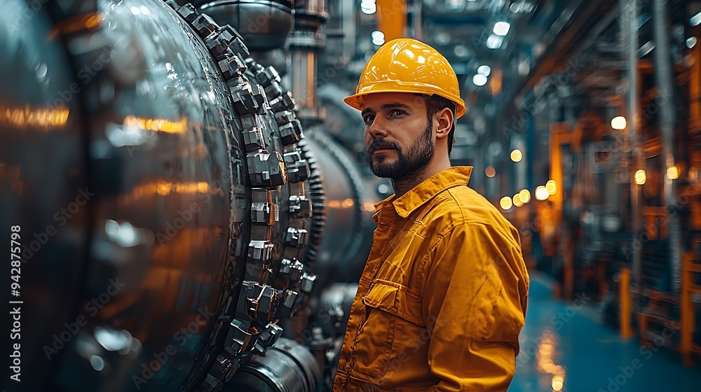 A worker in a bright yellow safety helmet standing next to a large industrial machine, preparing for the day's work A worker in a bright yellow safety helmet standing next to a large industrial machine, preparing for the day's work