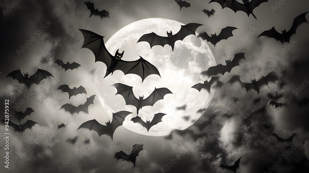 Wall of bats flying across a full moon in a Halloween-themed room Stock ...