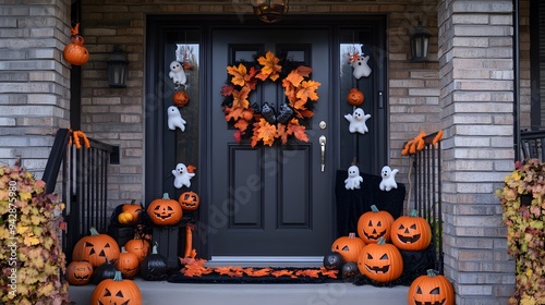 Halloween wreath decorated with mini ghosts and pumpkins on a front door photo