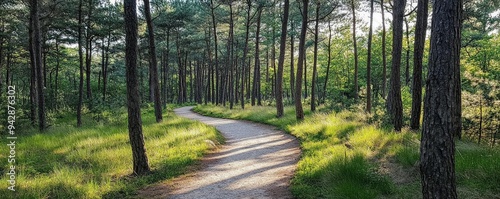 Bicycle path winding through a pine forest, inviting and serene