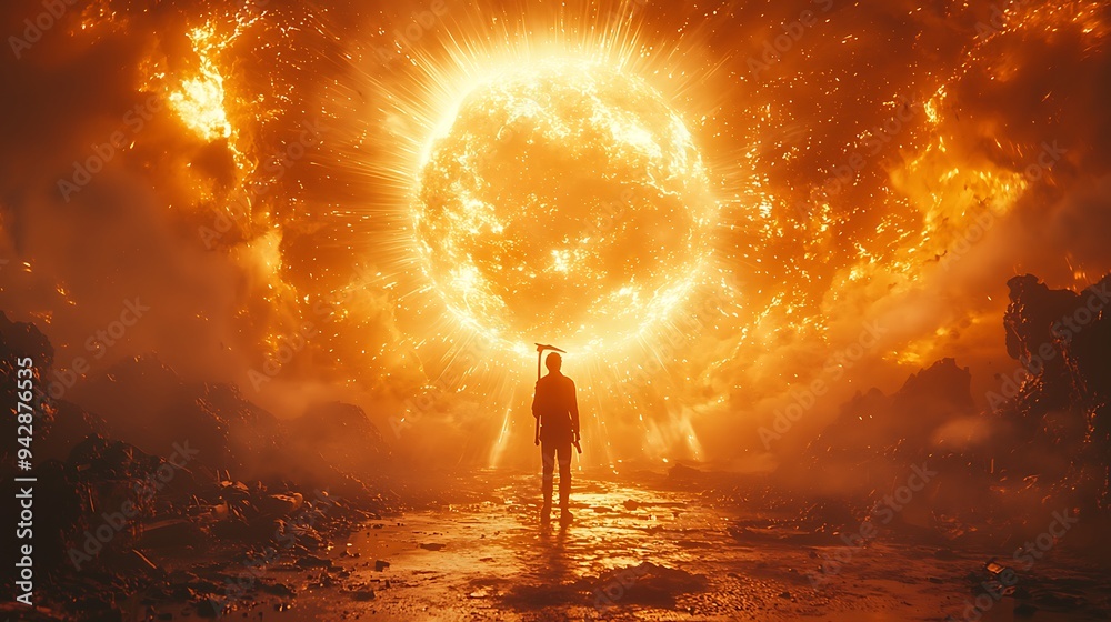 Obraz premium A powerful image of a worker holding a hammer aloft, surrounded by rays of light as a symbol of strength and determination 