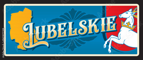 Lubelskie Lublin Voivodeship Polish province Poland travel plate. Vector vintage banner with Switzerland travel touristic landmark, retro sign, board or postcard with coat of arms, horse