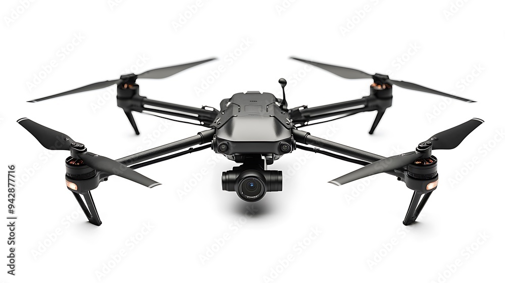 Isolated on white, a black drone with a camera highlights its advanced features, ready for flight. Isolated on white, a black drone with a camera highlights its advanced features, ready for flight.